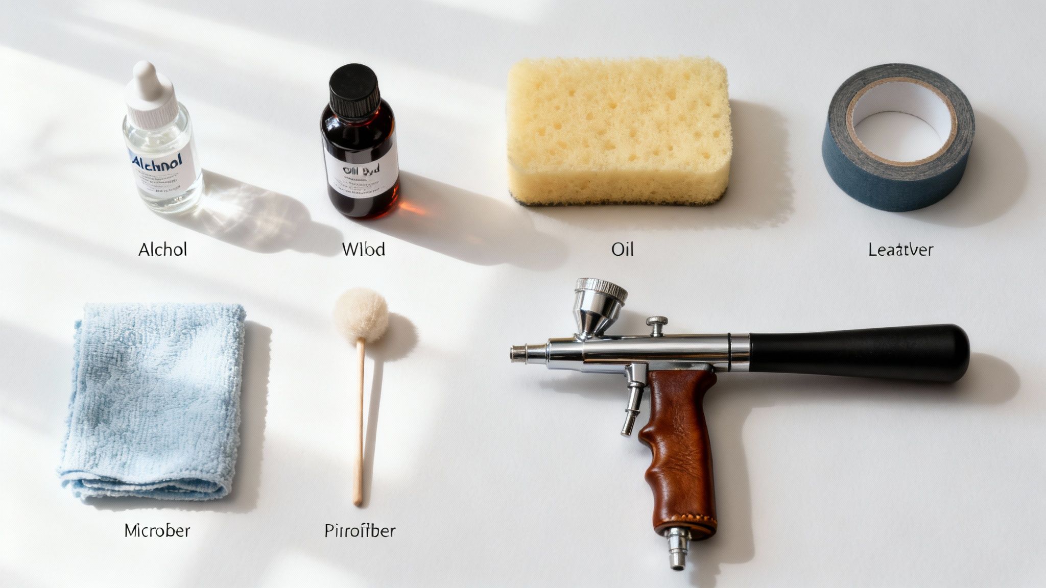 Leather dyeing supplies including alcohol, dye, oil, sponge, microfiber cloth, cotton swab, and airbrush tool