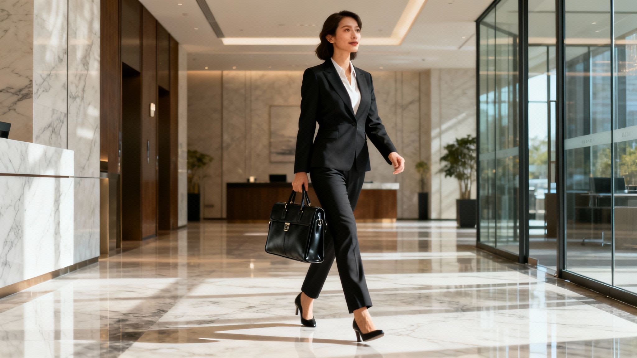 A woman holding a stylish professional brown leather bag