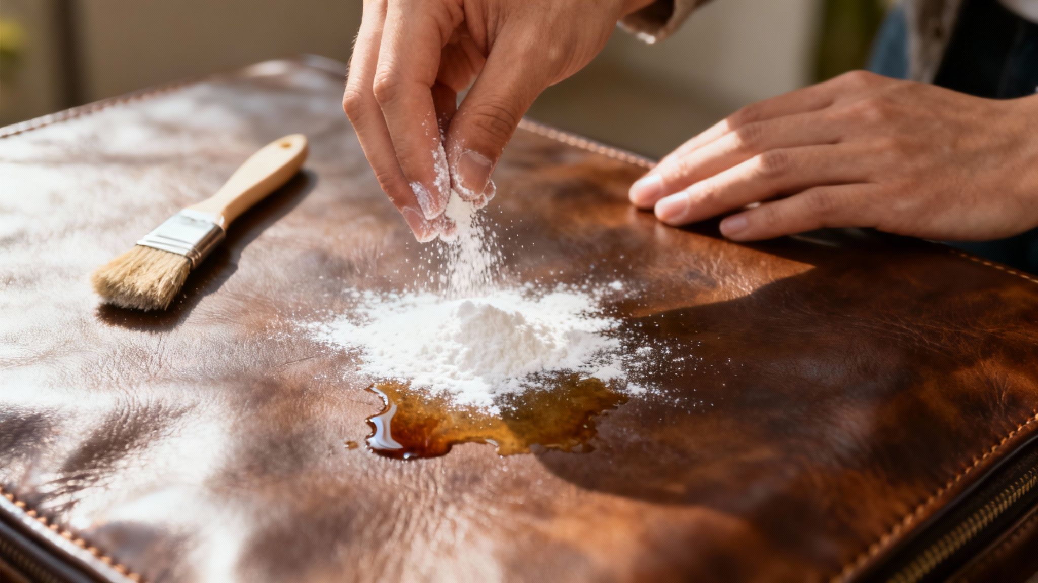 A person carefully blotting a stain on a leather handbag with a clean cloth.