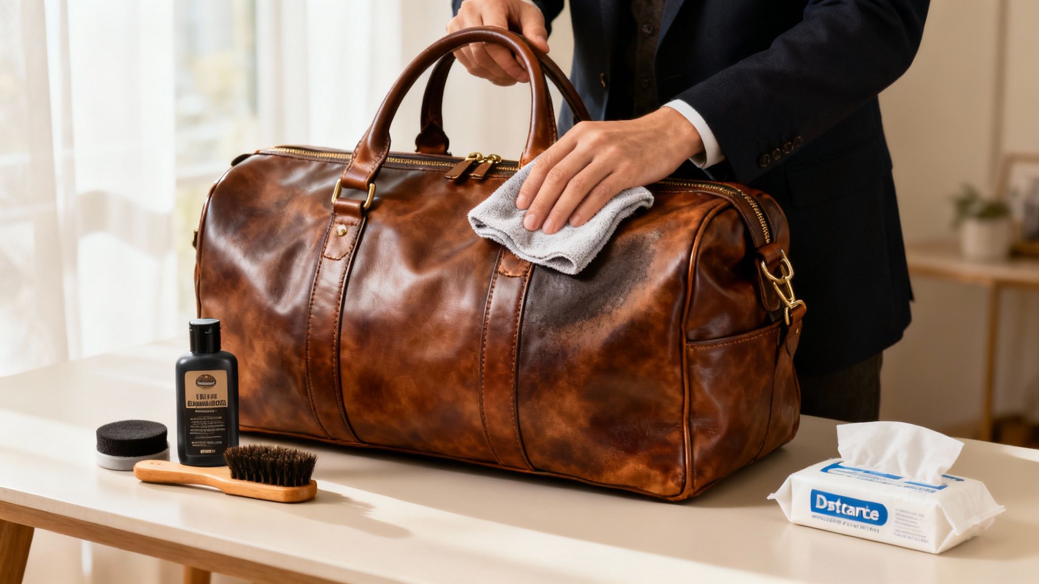 A person cleaning a leather duffle bag handbag.