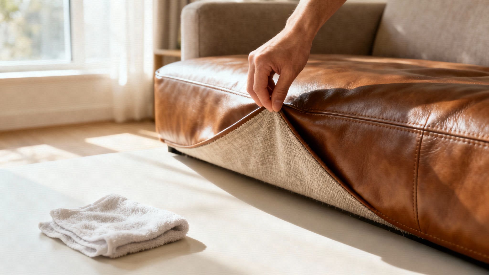 A woman gently wiping a brown bonded leather handbag with a soft, damp cloth to clean it.