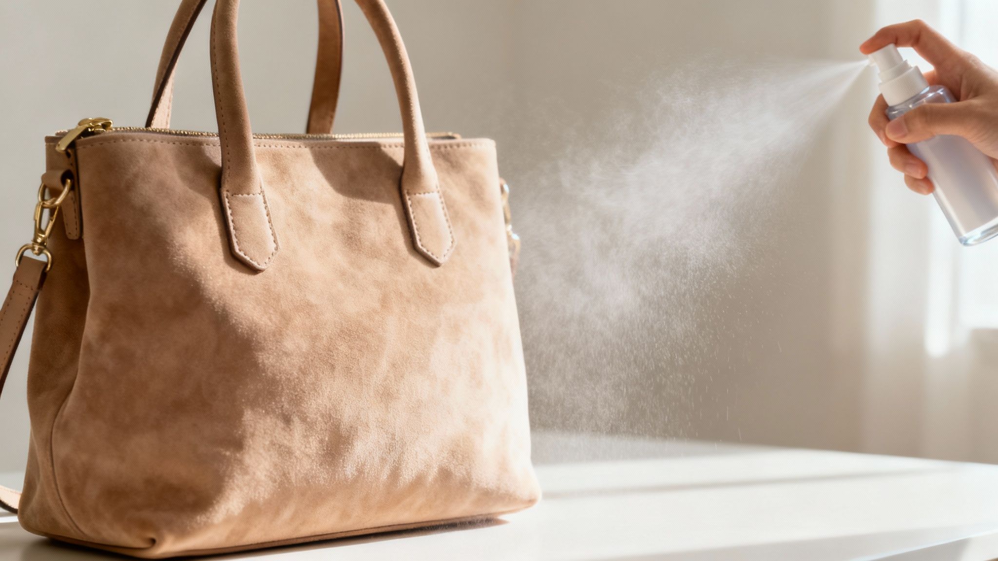 A person applying a protector spray to a suede handbag in a well-ventilated area.