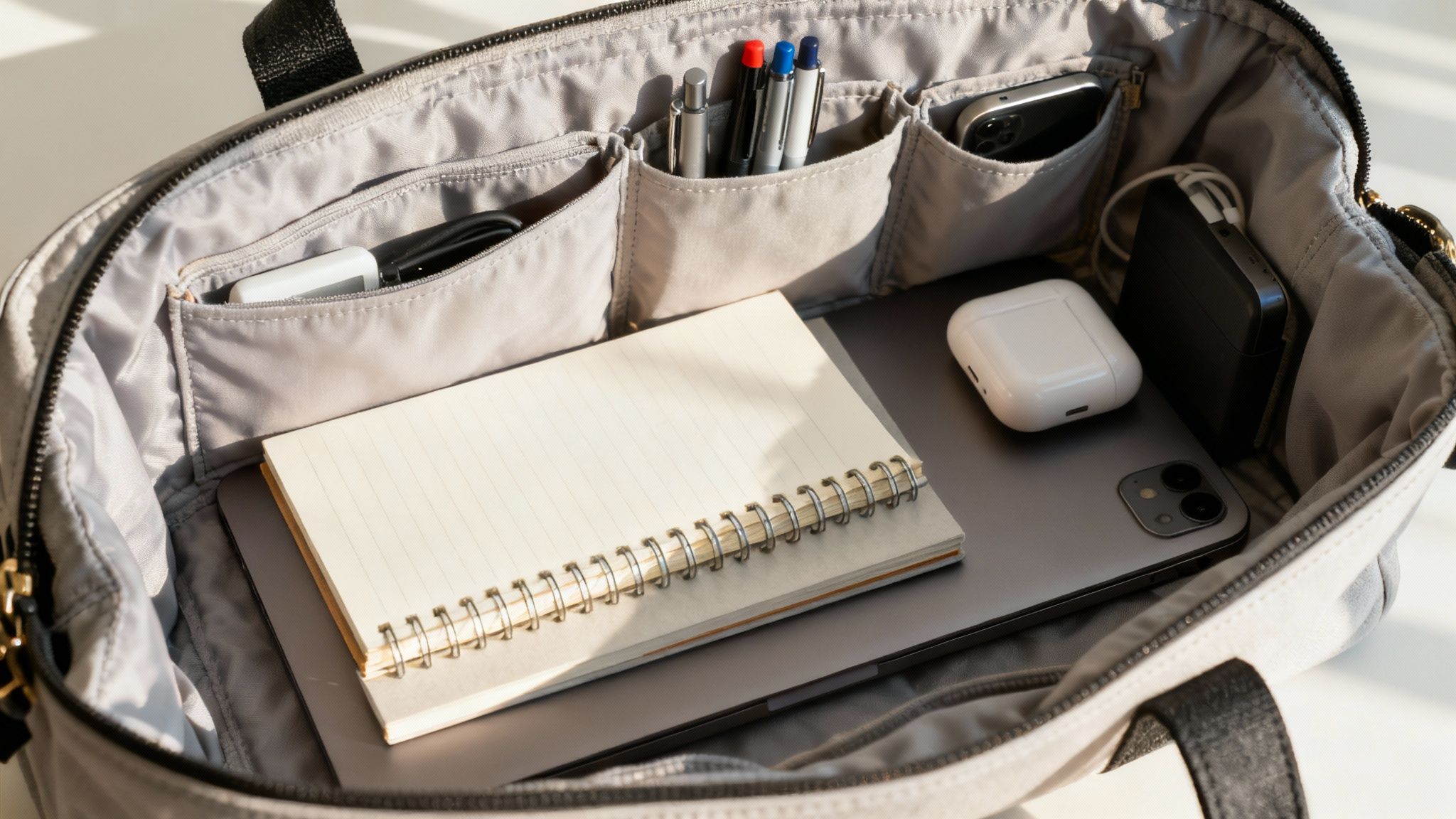 A neatly organized professional bag sits on a table, with pouches and essentials arranged beside it.