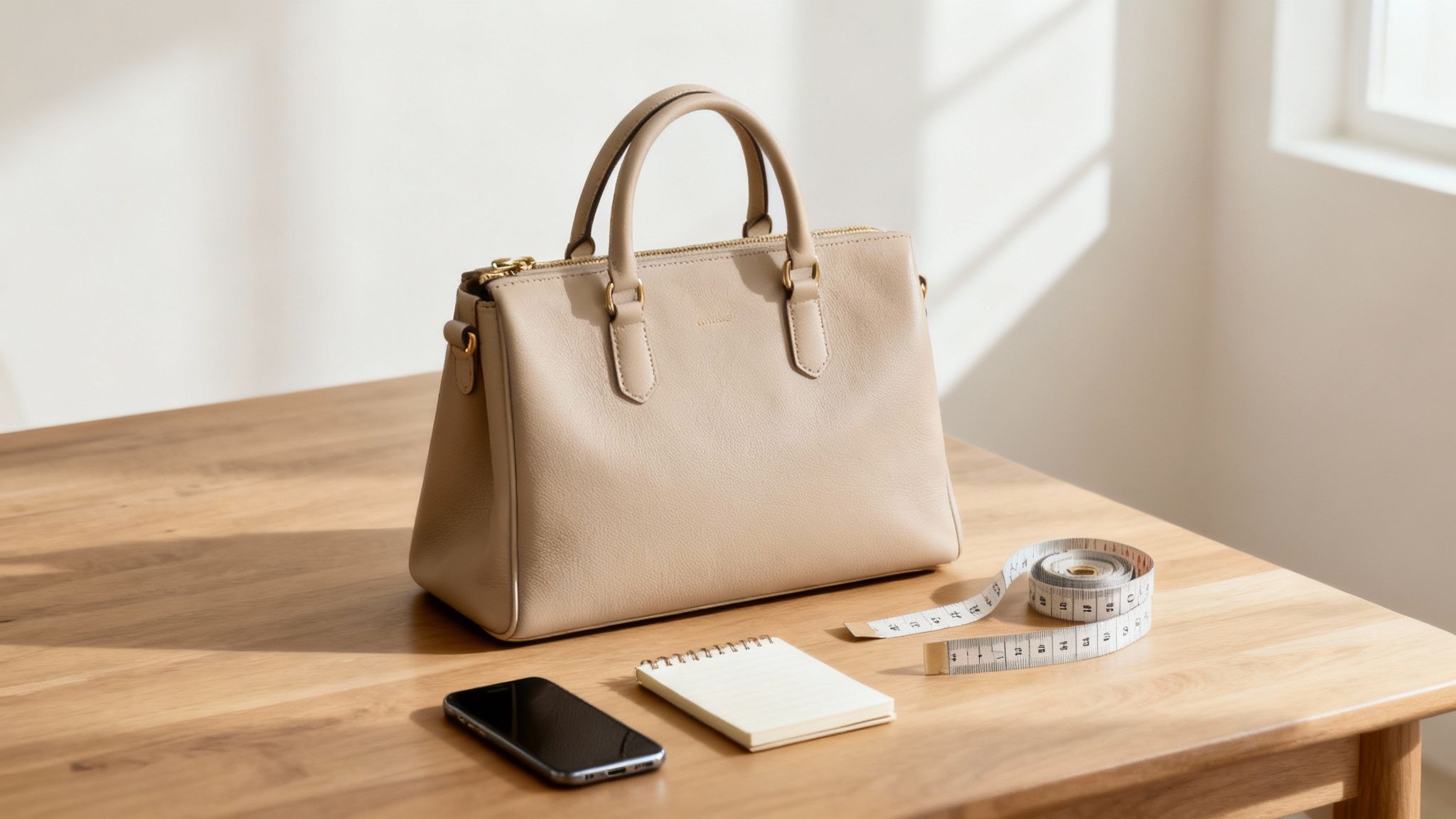 Beige leather handbag on wooden table with measuring tape, notebook, and smartphone