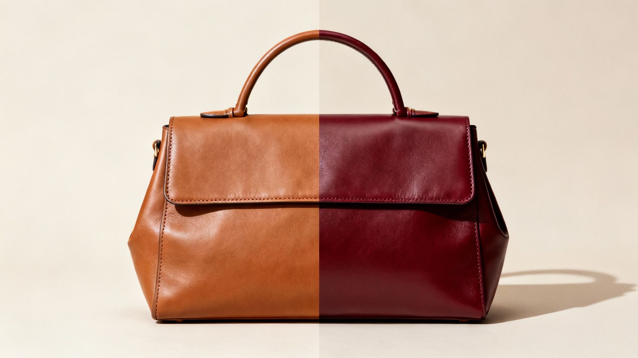 Two-tone leather handbag in tan and burgundy colors with top handle and shoulder strap