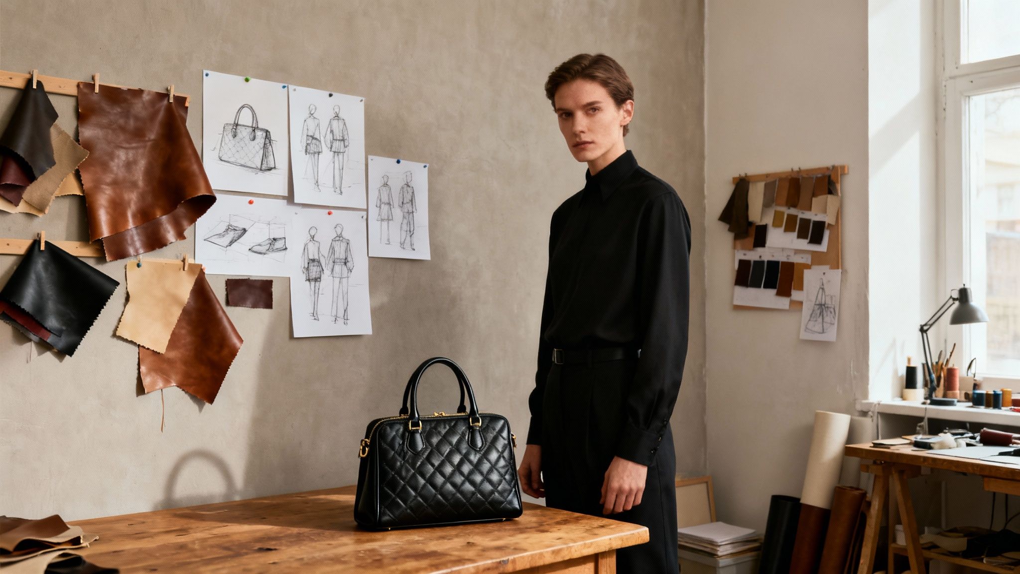 A group of diverse fashion designers collaborating and sketching new handbag designs in a bright, modern studio.