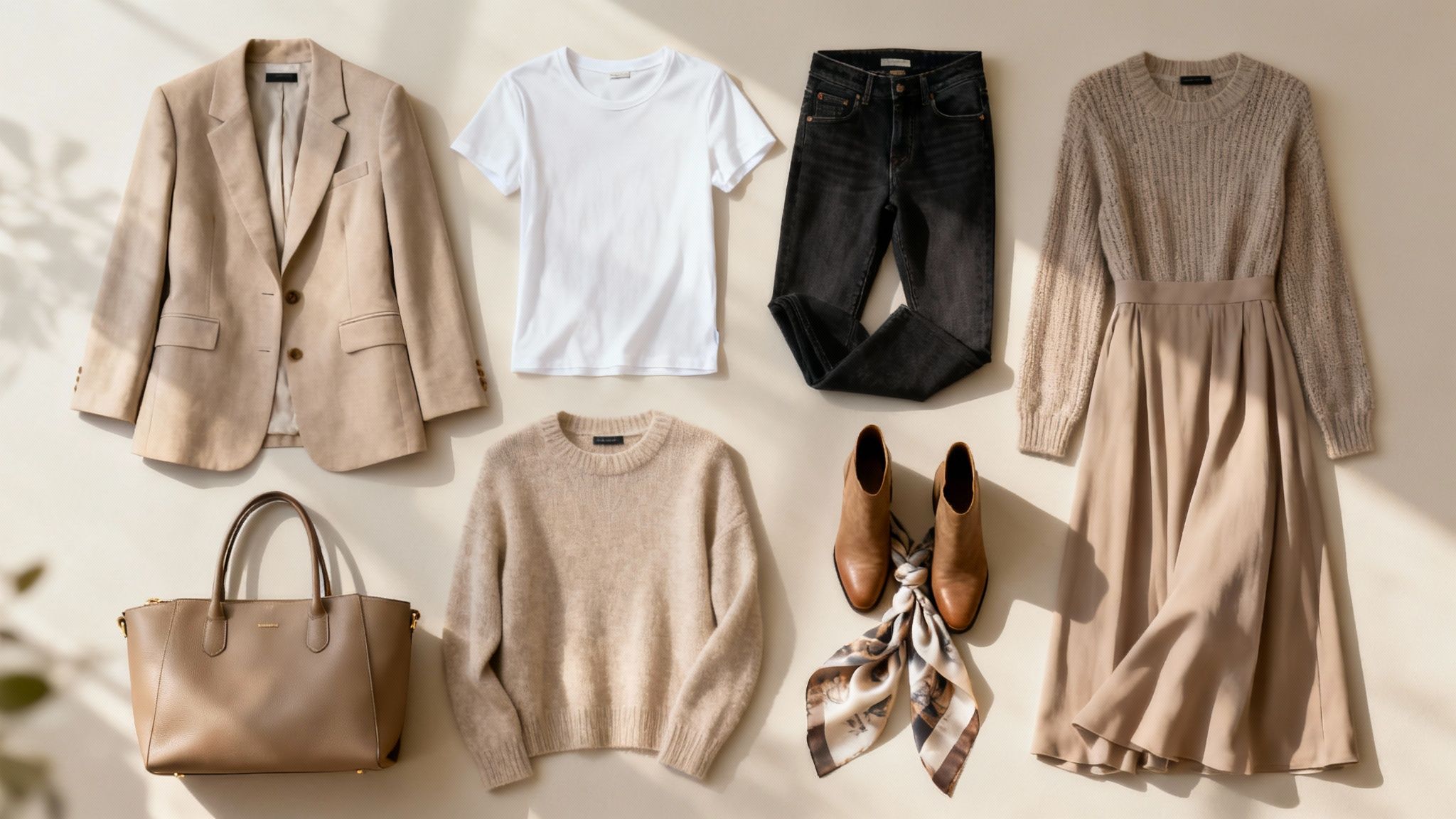 A woman thoughtfully considering a selection of high-impact capsule pieces, focusing on quality and versatility.