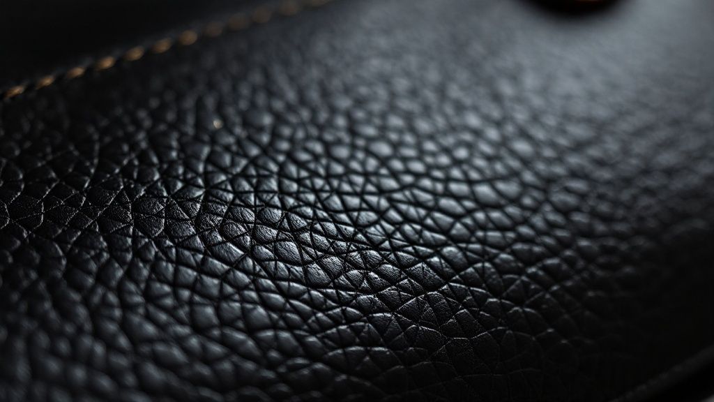 Close-up of the impeccable stitching and leather grain on a luxury black handbag