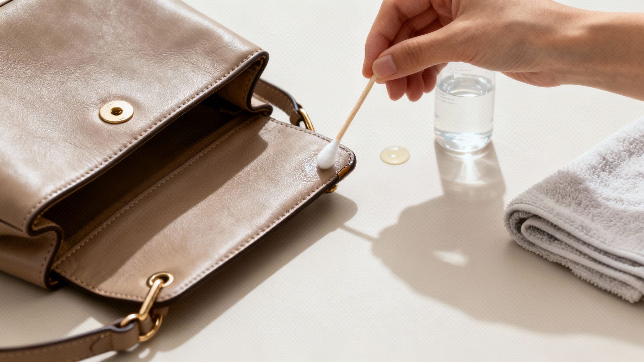 A woman holding a clean leather purse