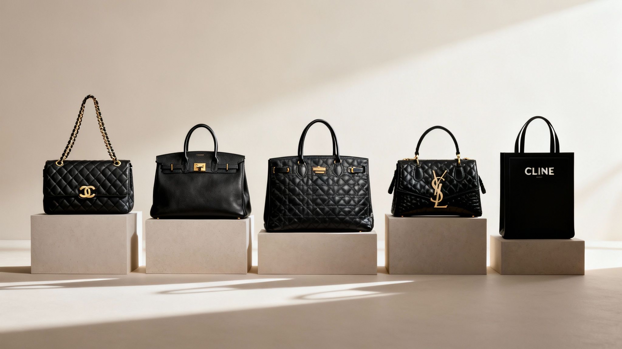 A classic black designer handbag with gold hardware.