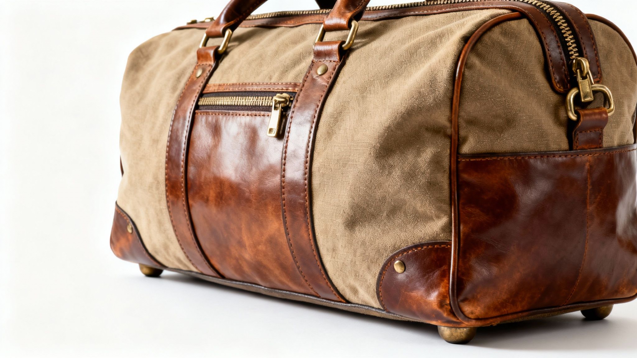 A stylish duffle bag handbag showing its material and design details