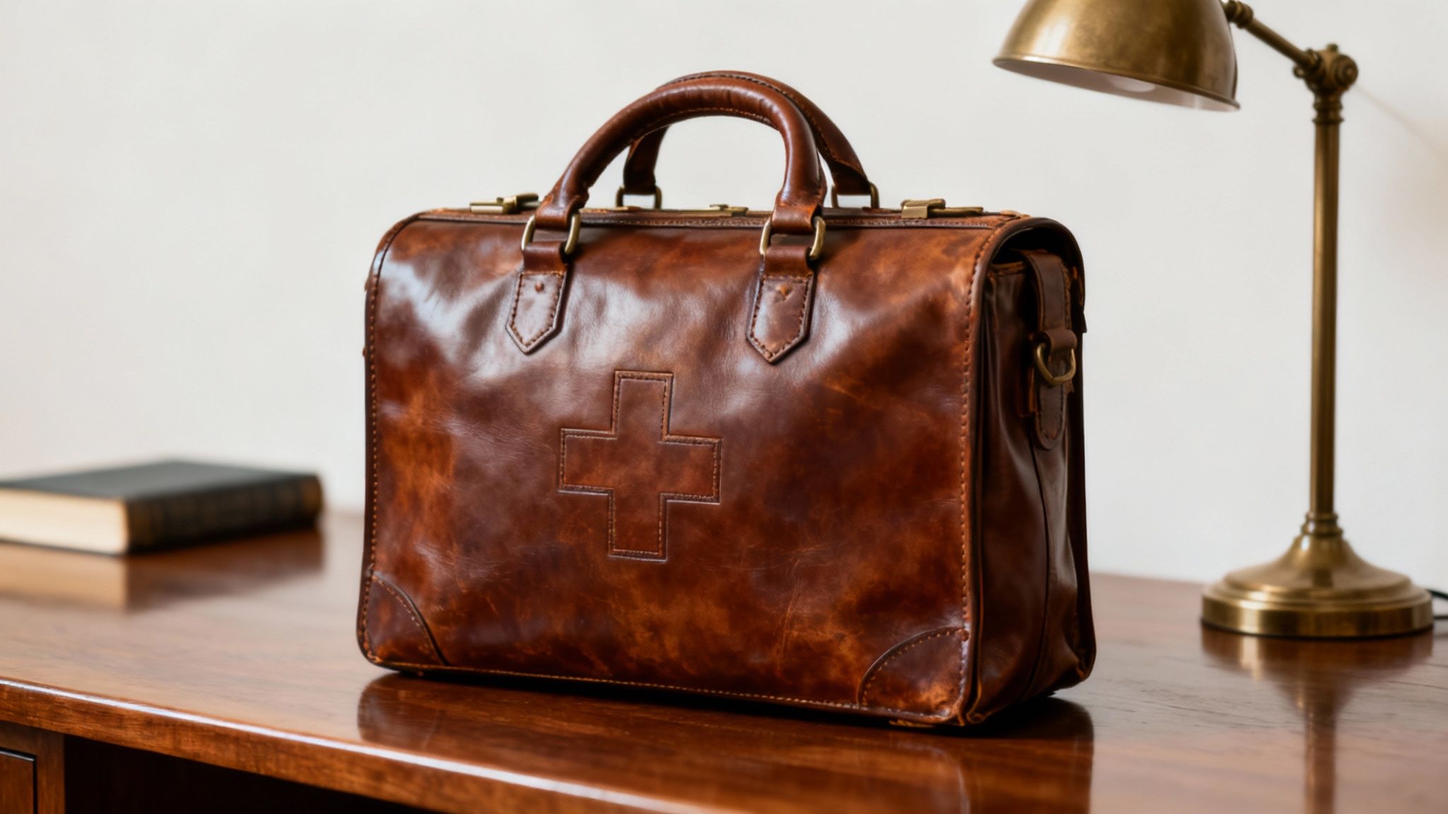 A classic brown leather doctor's bag resting on a wooden surface, highlighting its timeless design.