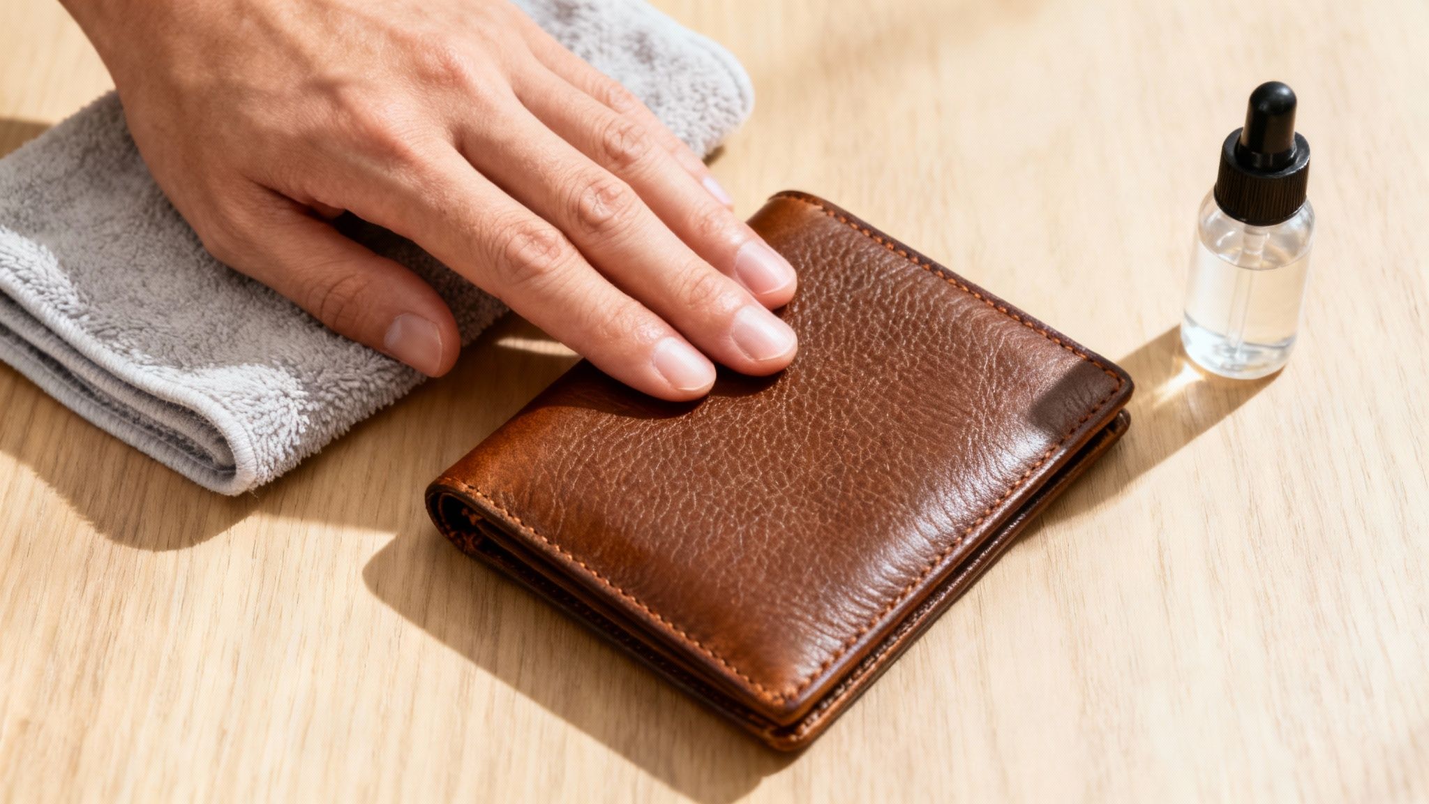 A person gently cleaning a top grain leather bag with a soft cloth and leather conditioner.