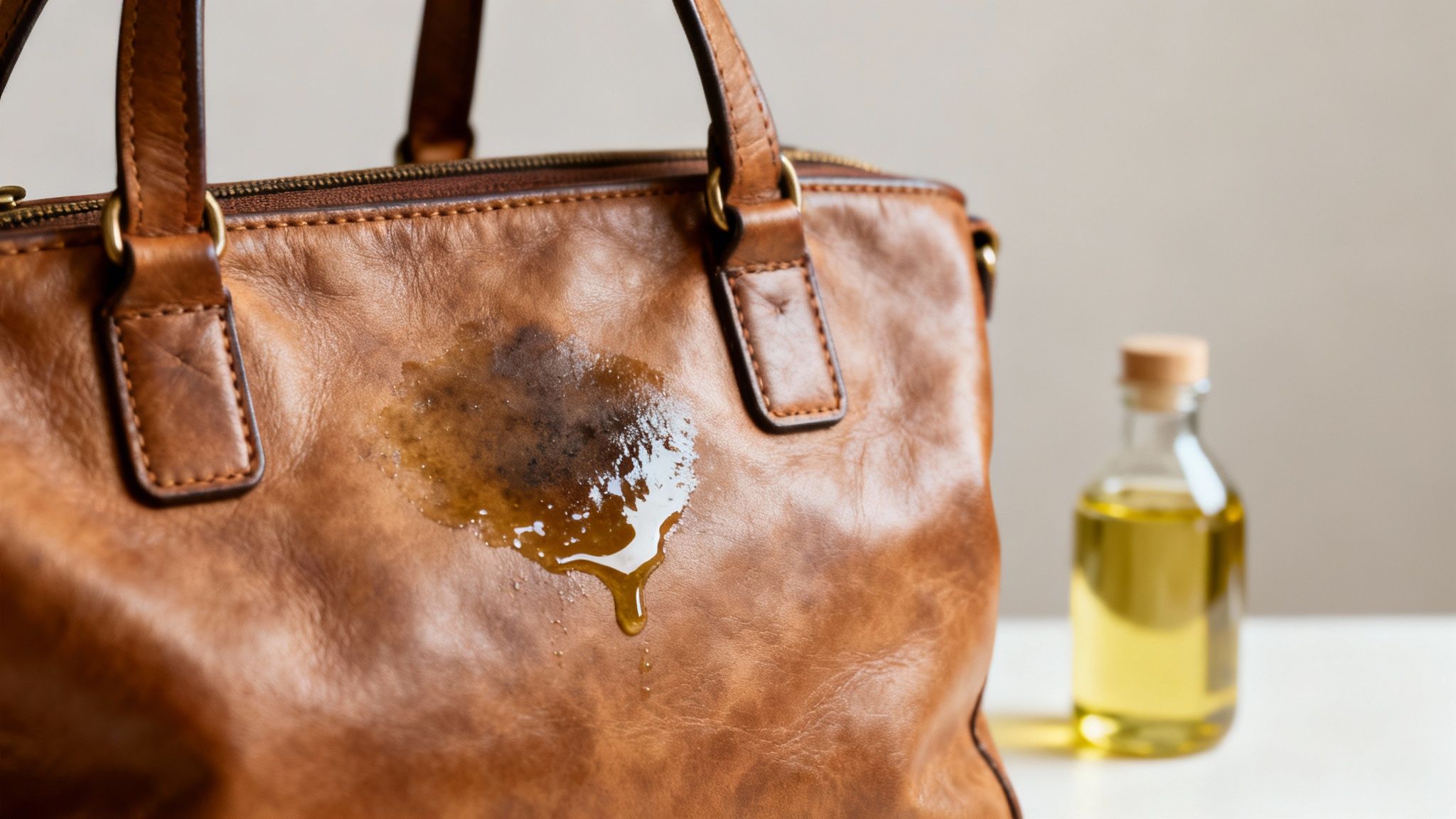 A person over-applying a white conditioner onto a dark leather handbag, showing a common mistake.