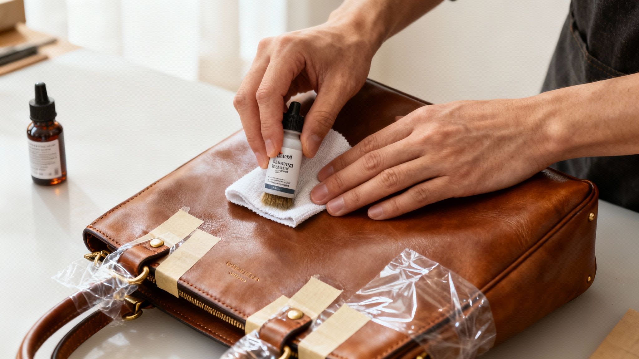 Person cleaning and conditioning brown leather bag with brush and cloth maintenance