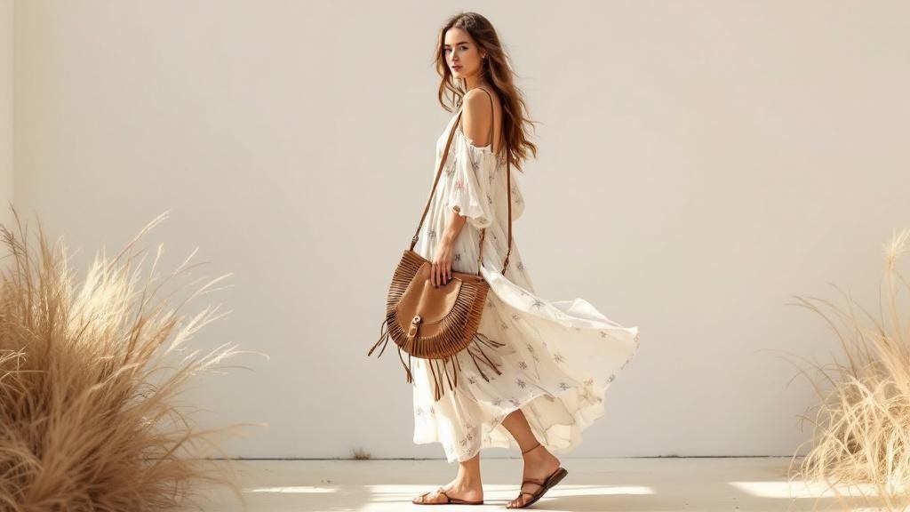 A woman wearing a white dress and holding a brown leather boho tote bag
