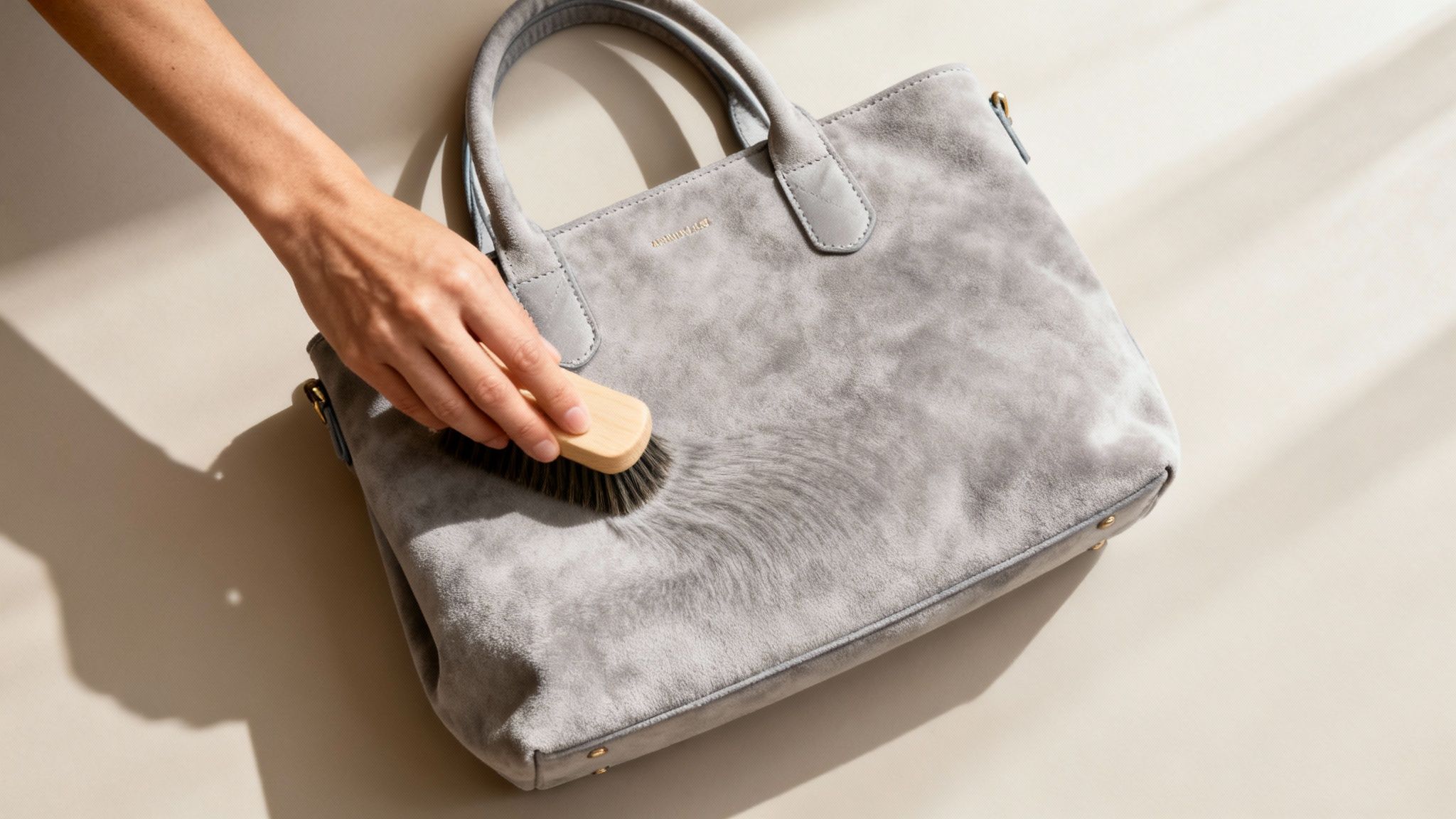 A person gently brushing a light-colored suede handbag to maintain its texture.