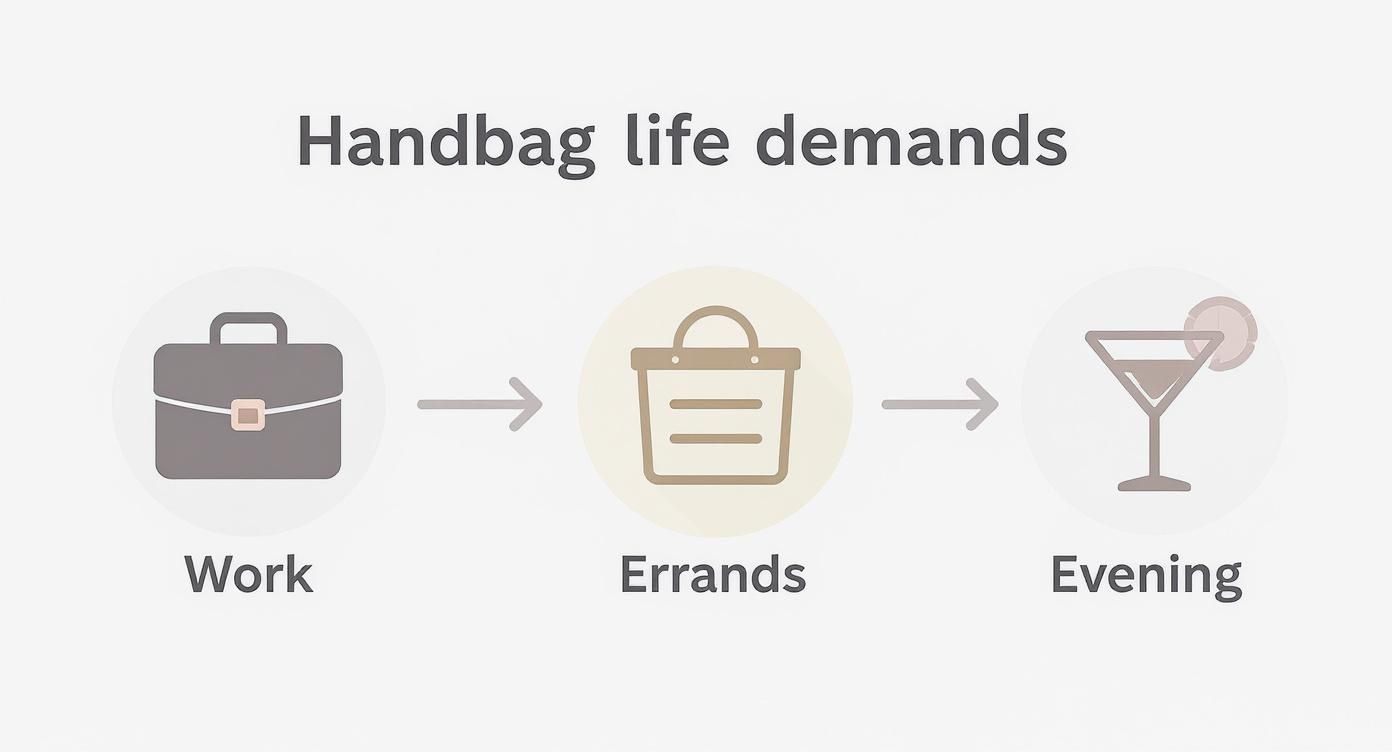 Infographic showing handbag progression from work briefcase to errands tote to evening cocktail clutch