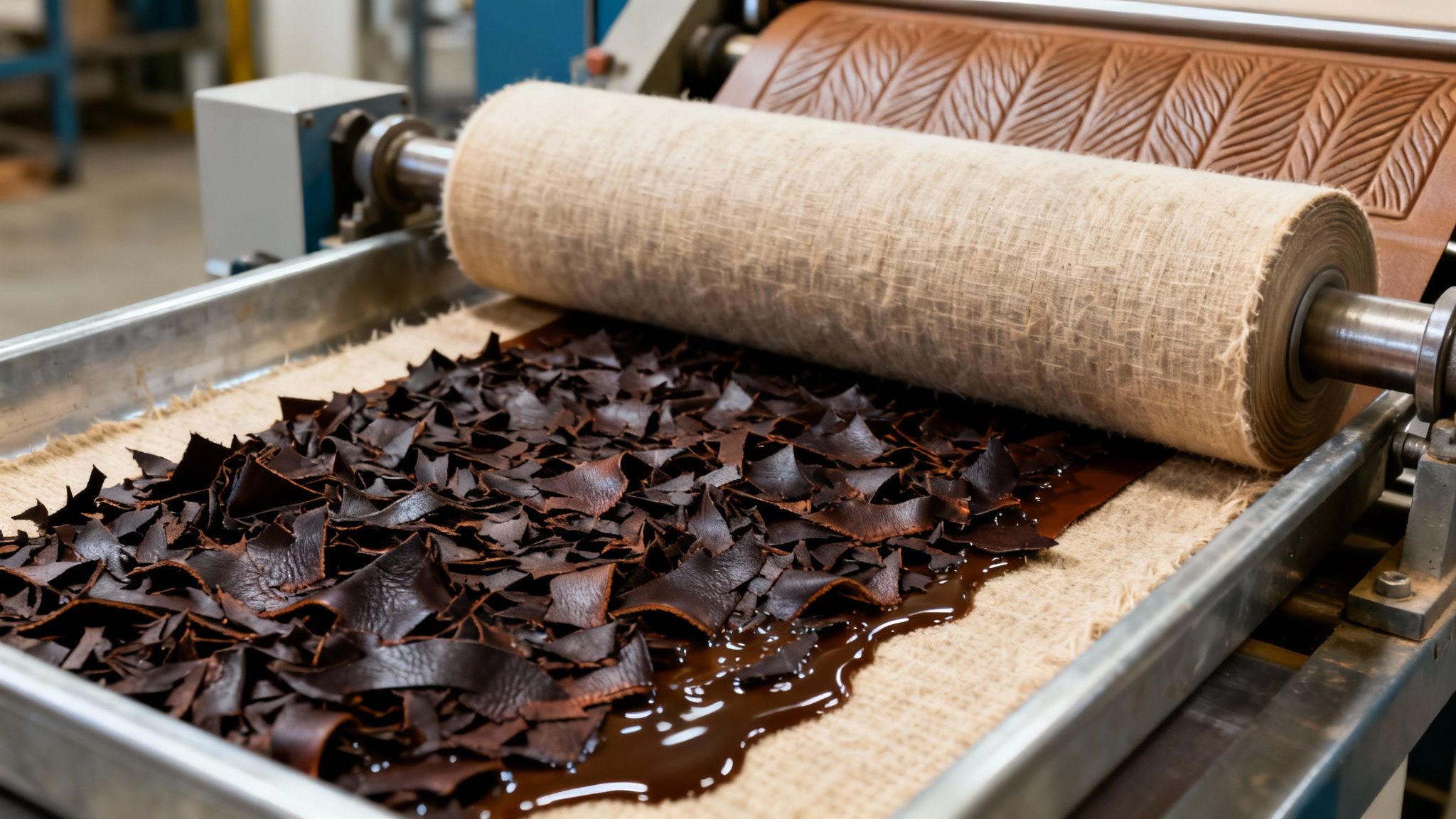 A detailed shot showing the process of manufacturing bonded leather, with shredded scraps being mixed and pressed.