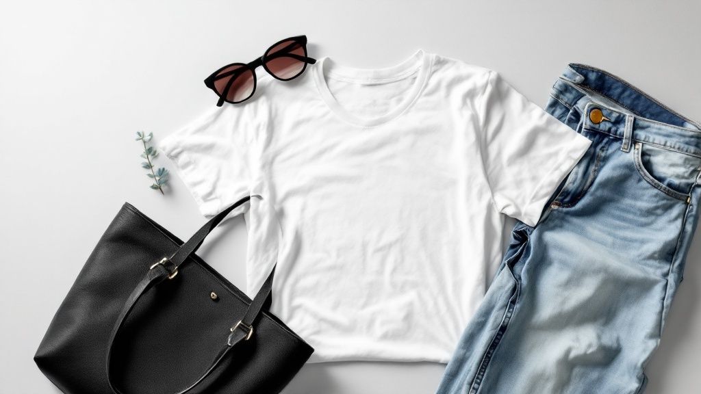 A woman confidently styles a black mini tote bag with a chic, modern outfit.