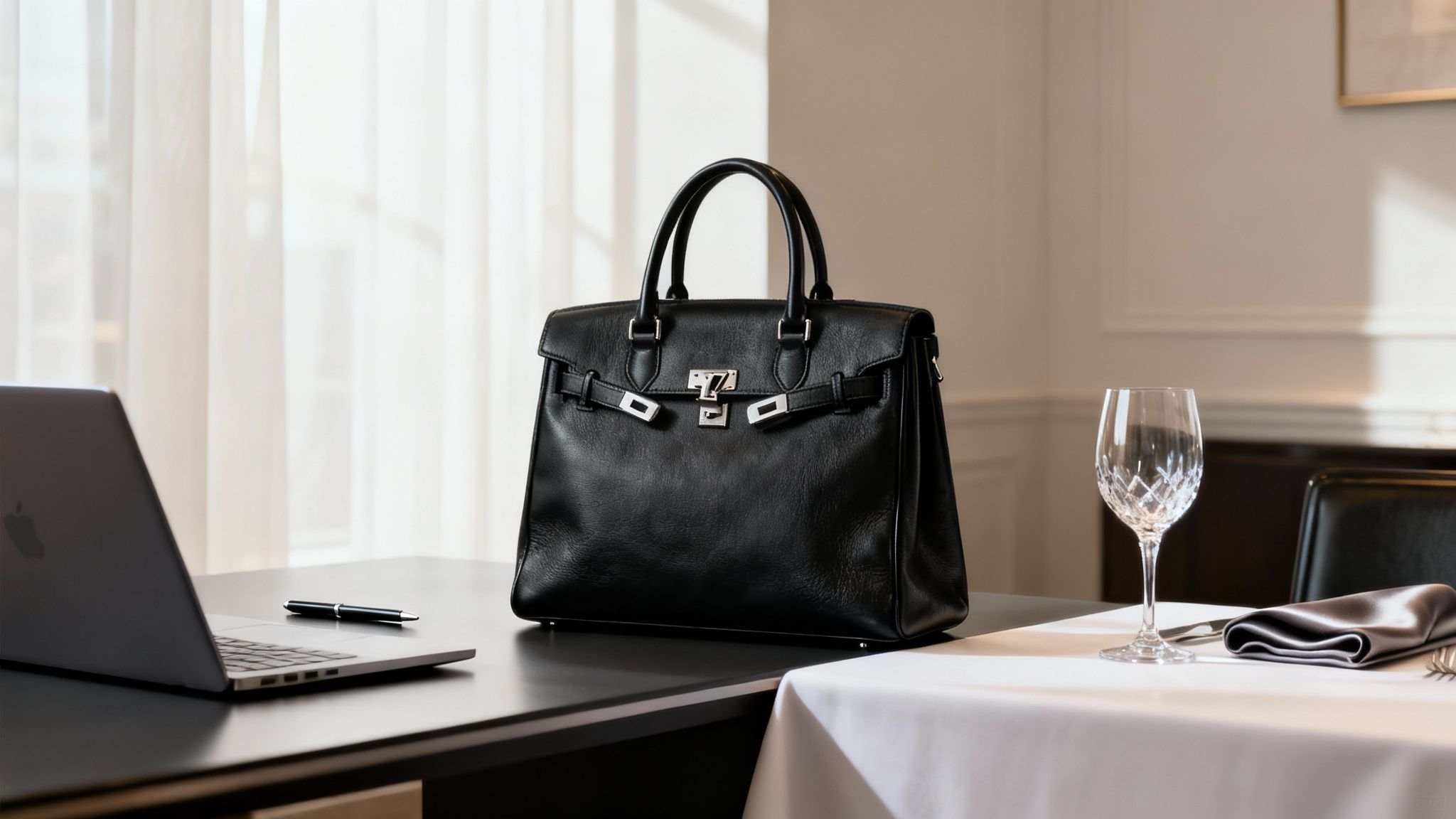 A woman holding a stylish black designer handbag