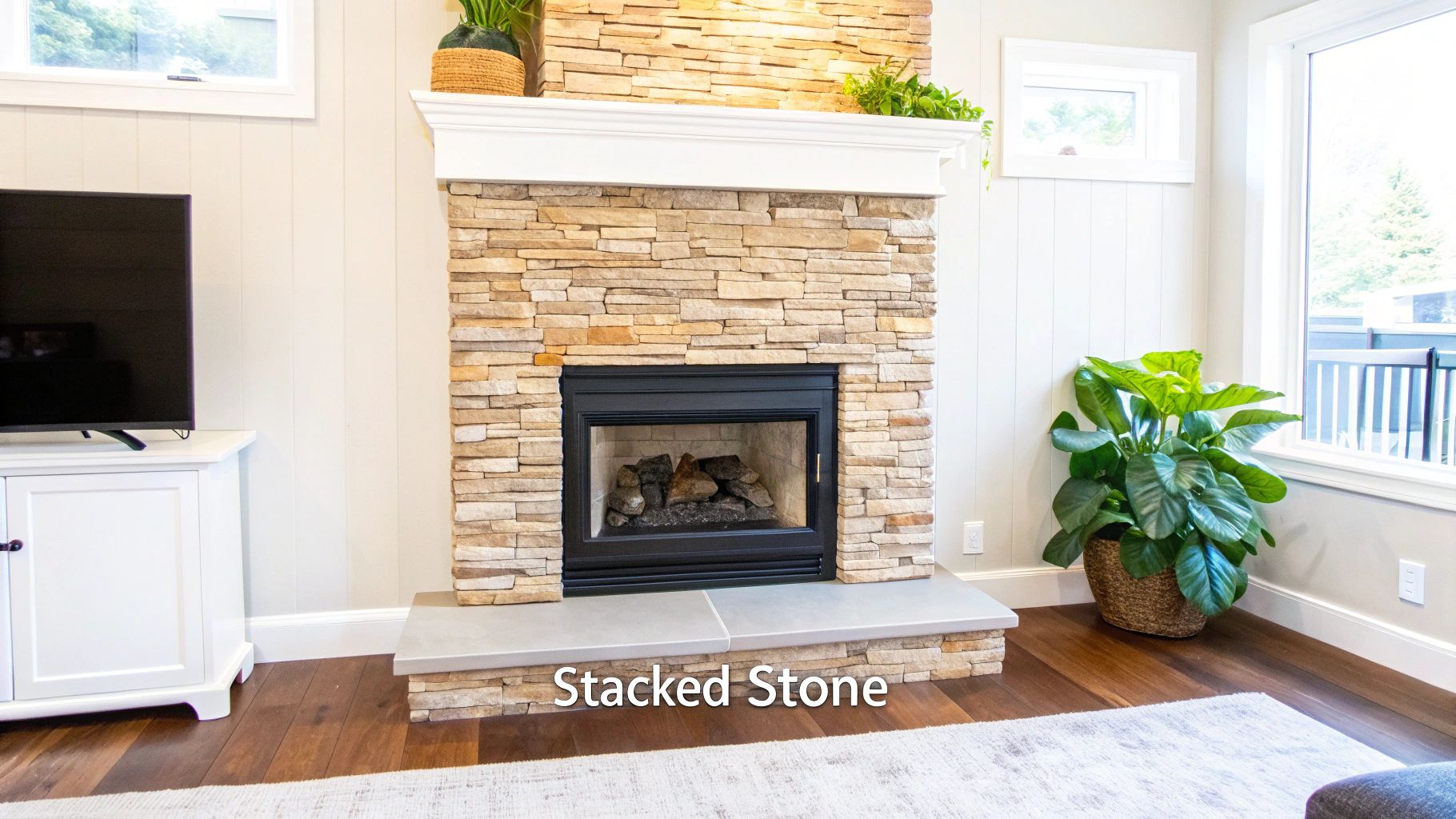 Stacked Stone Fireplace
