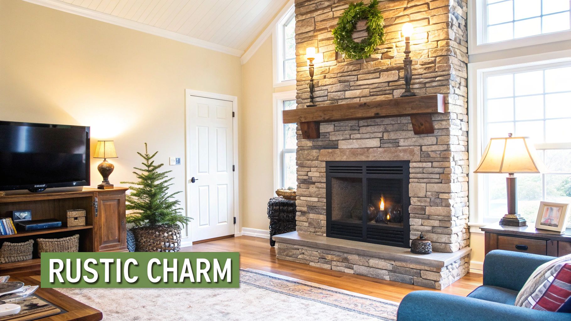 Stacked Stone Veneer Fireplace