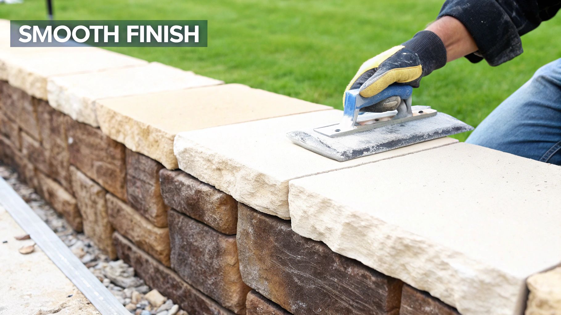 Stone veneer being cut with various tools