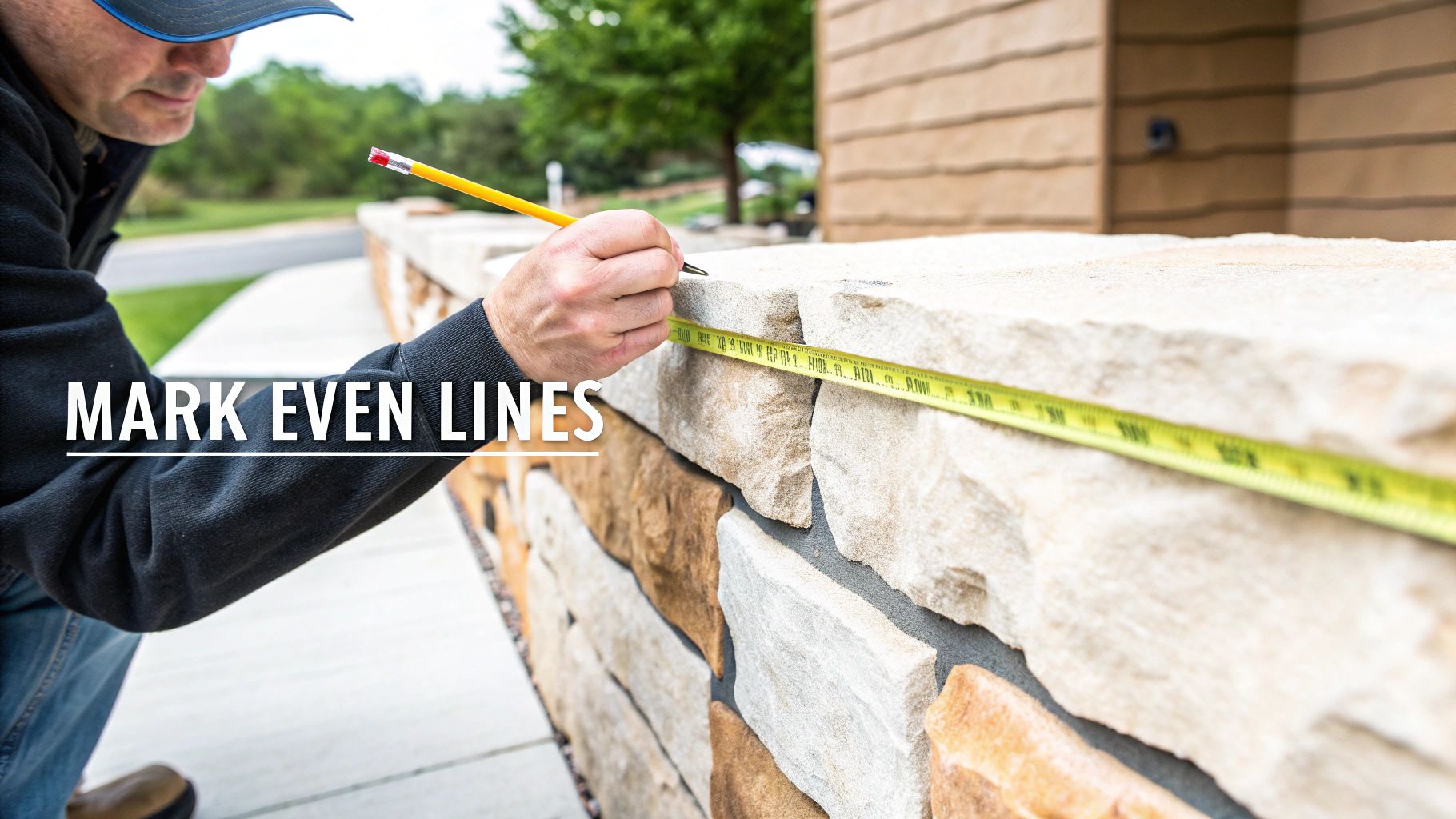 Handheld grinder being used to cut stone veneer