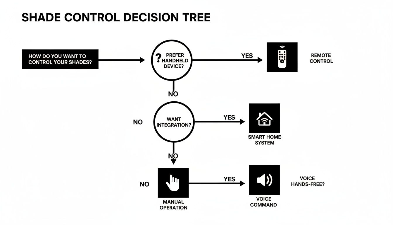 Decision tree illustrating different shade control options, including remote, smart home, manual, and voice commands.