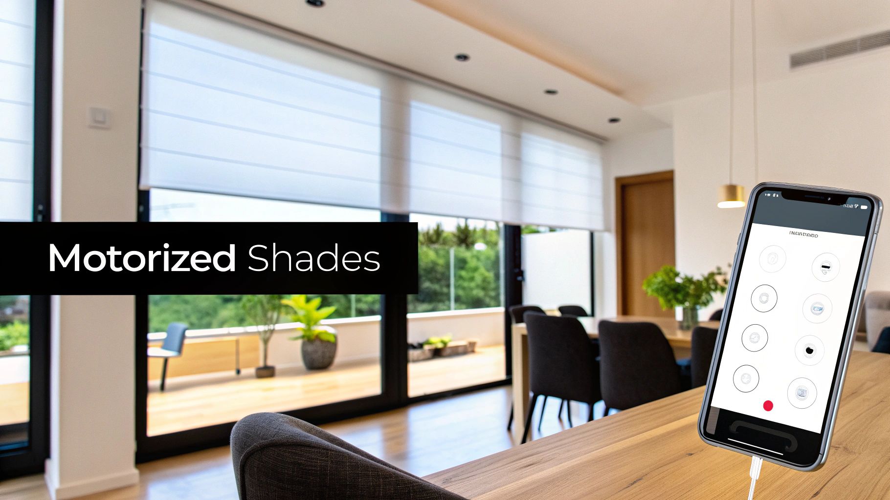 Modern dining room with white motorized window shades controlled by a smartphone app.