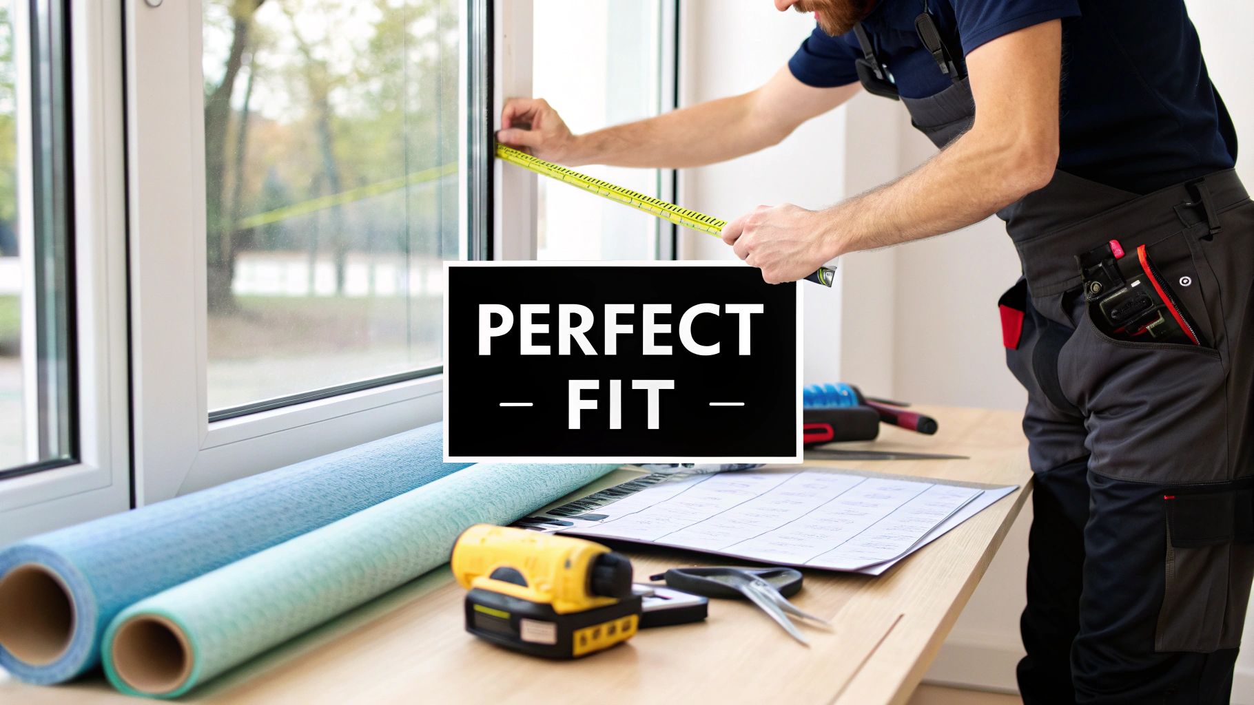 A person accurately measures a window frame with a tape measure, emphasizing a perfect fit for installation.