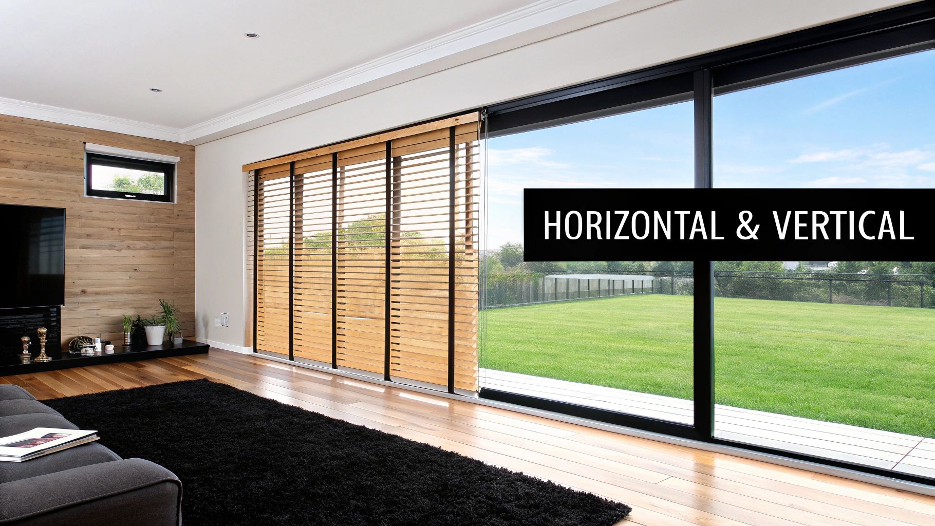 Modern living room with large sliding doors, natural wood horizontal blinds, and a view of a green backyard.