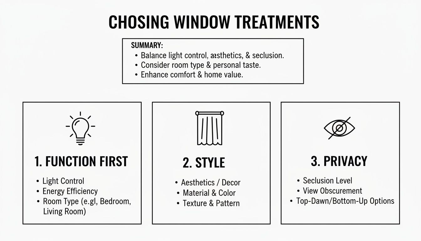 Infographic showing how to choose window treatments, focusing on function, style, and privacy considerations.