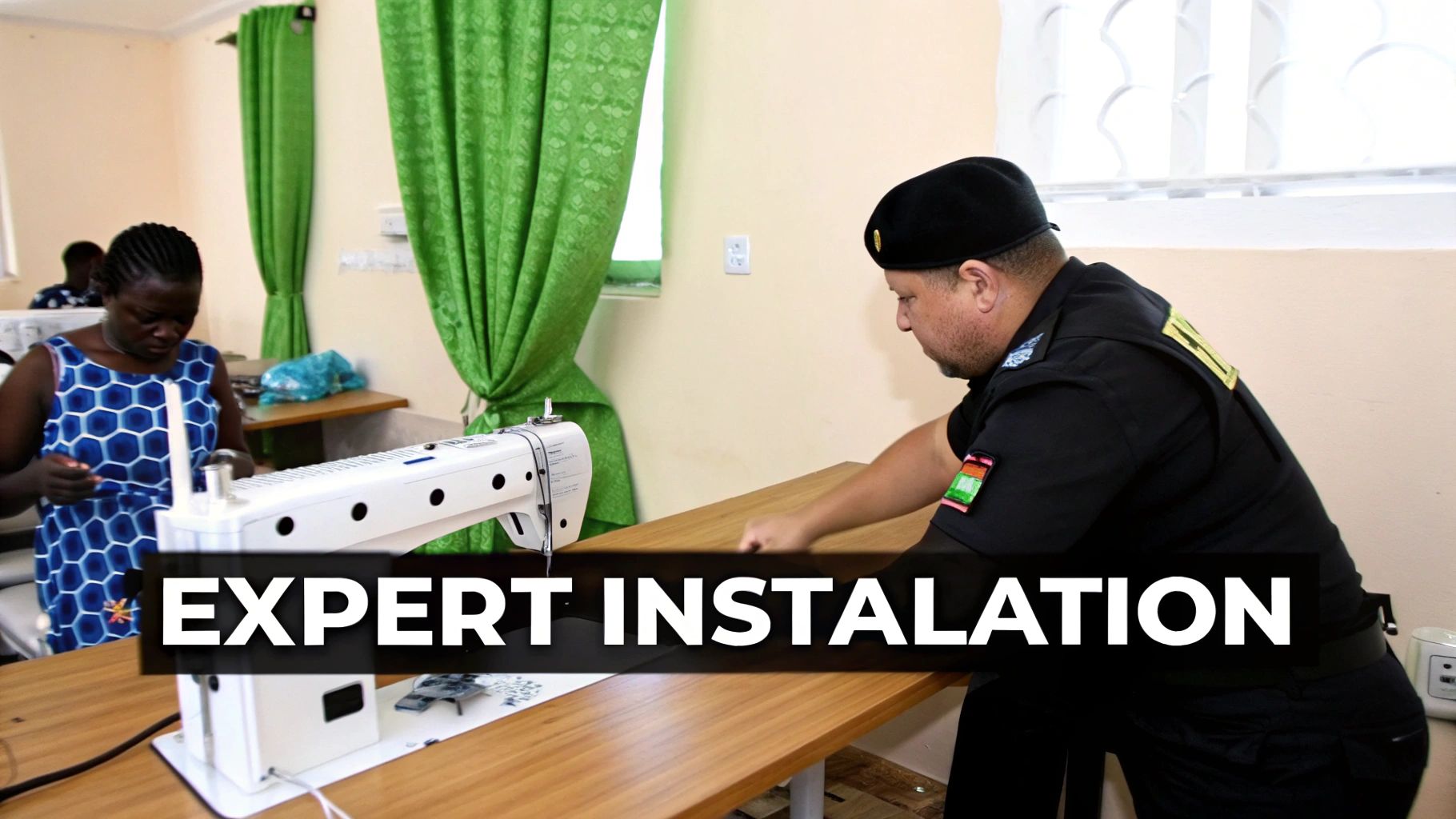 A man in a black uniform installs a sewing machine on a wooden table while a woman works nearby.