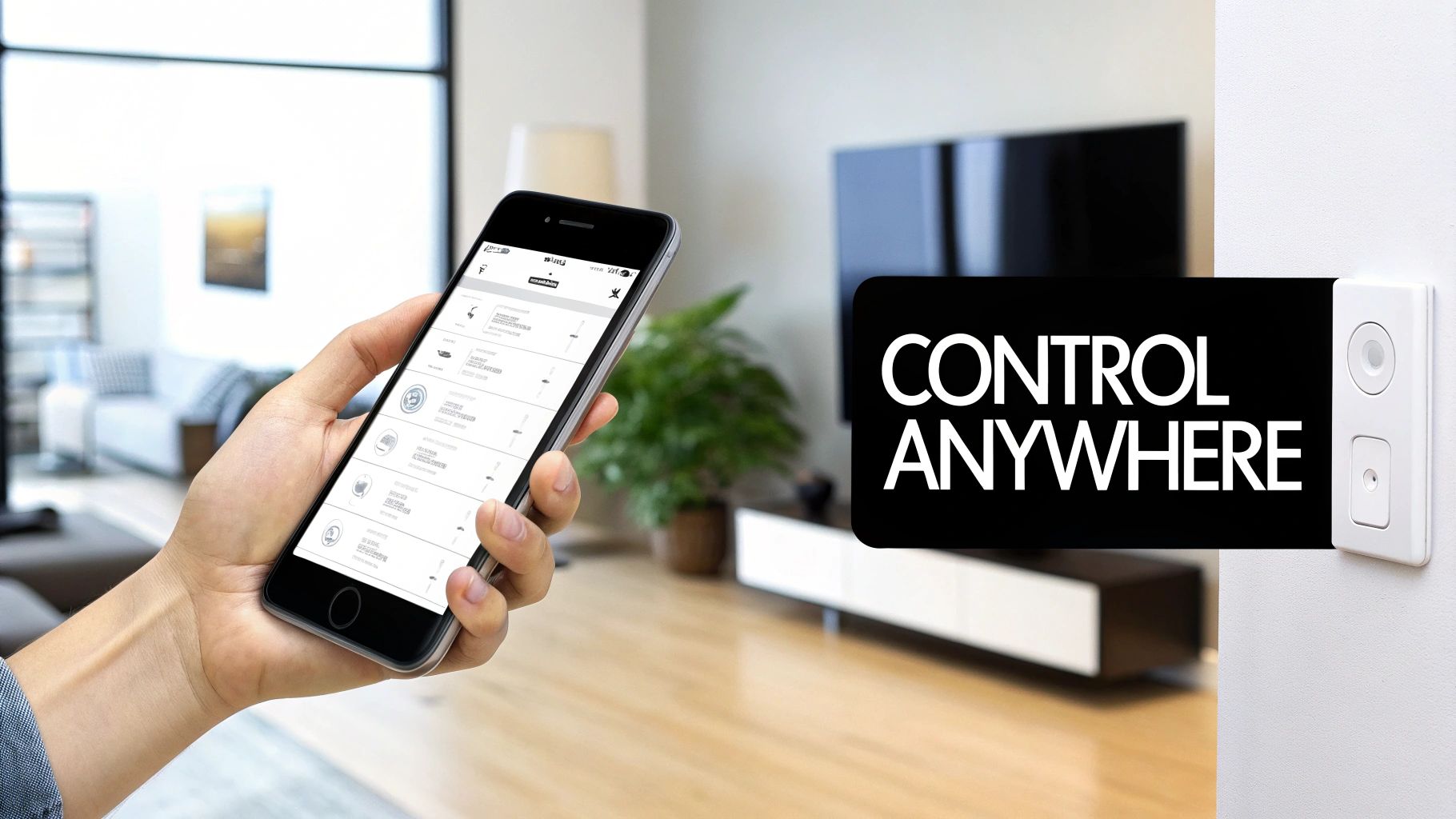 Person using a smartphone app to control smart home devices, emphasizing remote access.