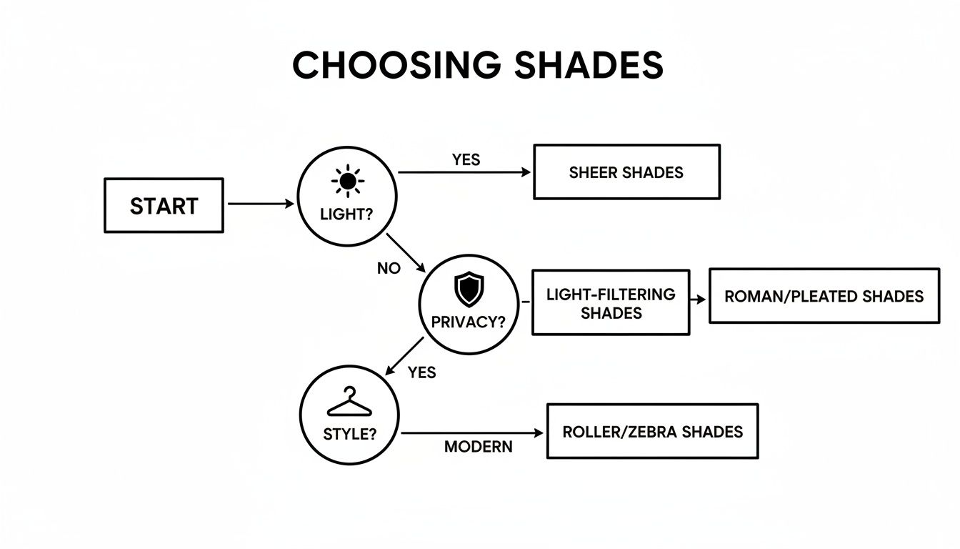 Decision flowchart guiding the selection of window shades based on light, privacy, and style preferences.