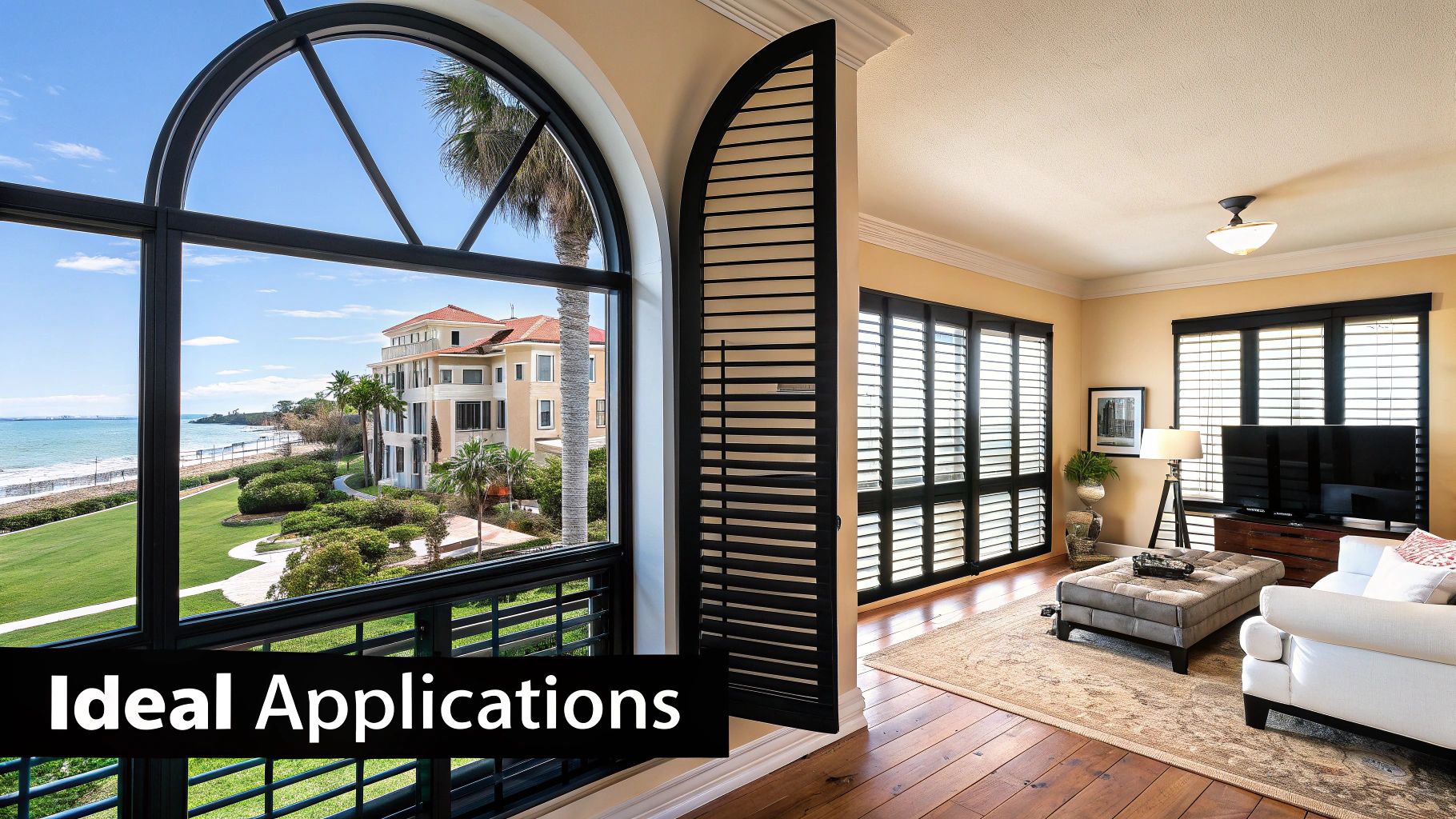 Luxurious living room featuring black plantation shutters and an arched window with an ocean view.