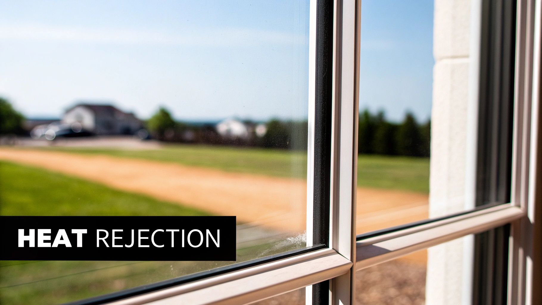 A window pane showing a blurred outdoor scene with a house and field, featuring 'HEAT REJECTION' text.