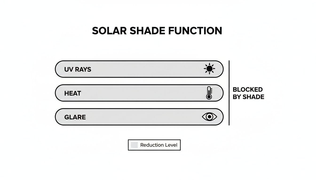 Infographic showing solar shade functions, indicating complete blocking of UV rays, heat, and glare.