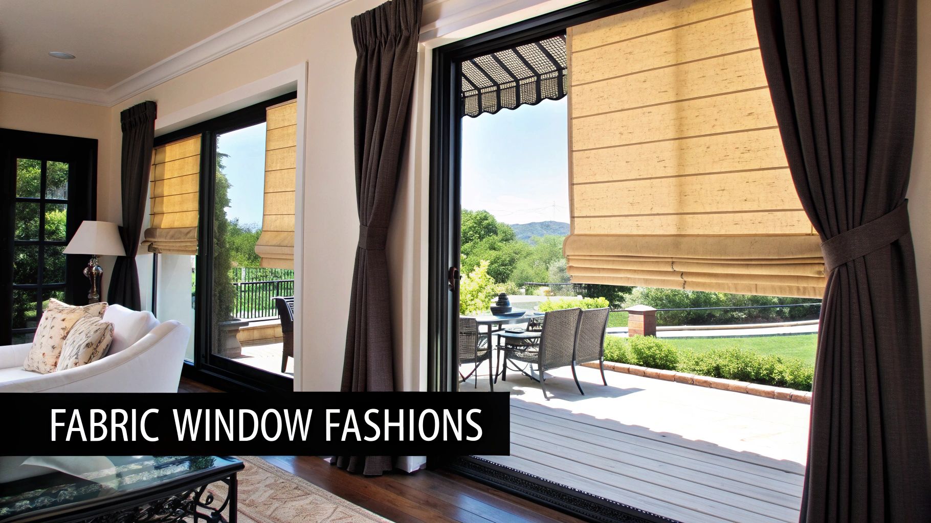 A living room with tan roman blinds and dark brown curtains on large glass doors leading to a patio.