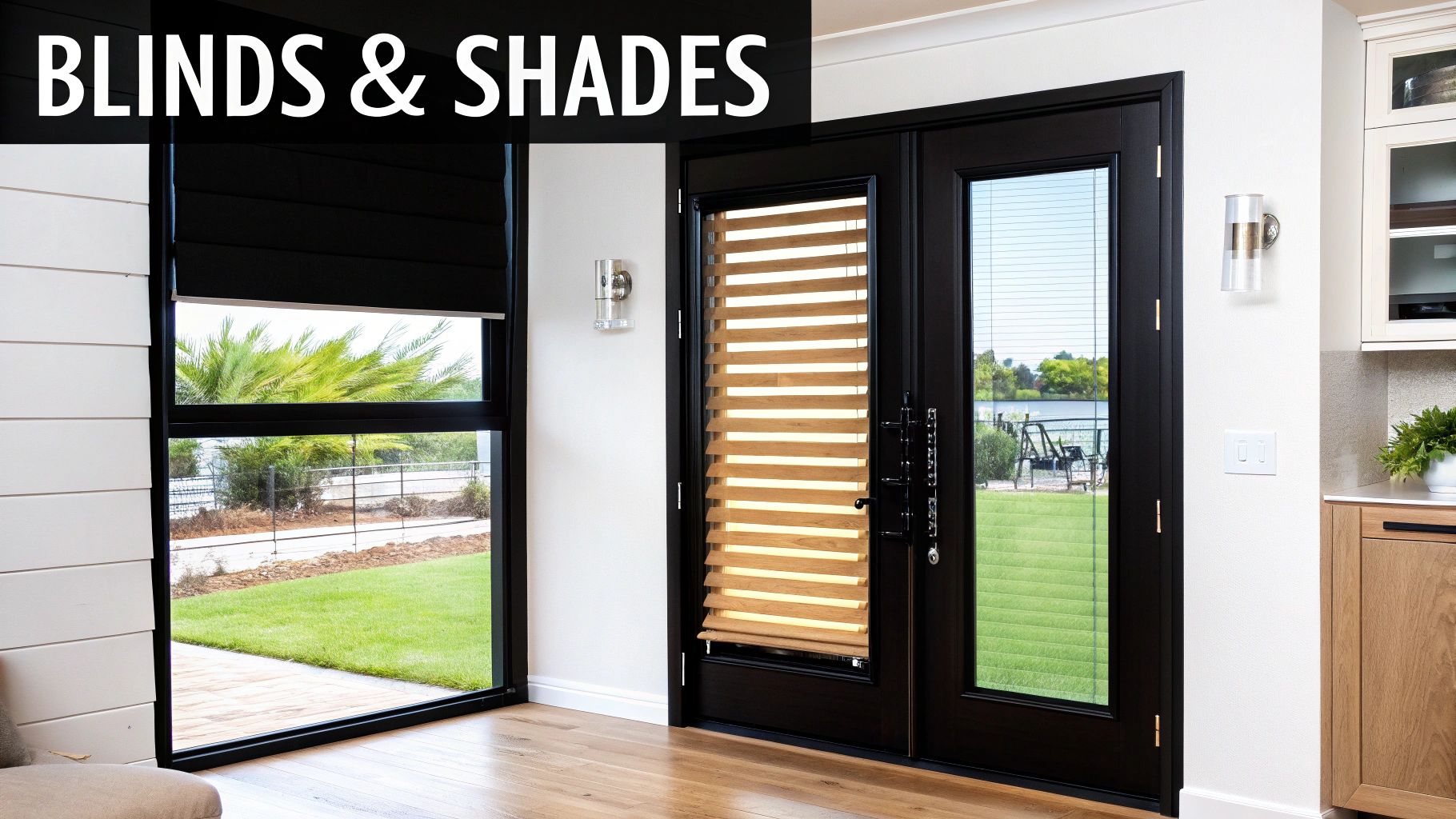 A modern room featuring black window shades and wooden blinds on French doors overlooking a lake.