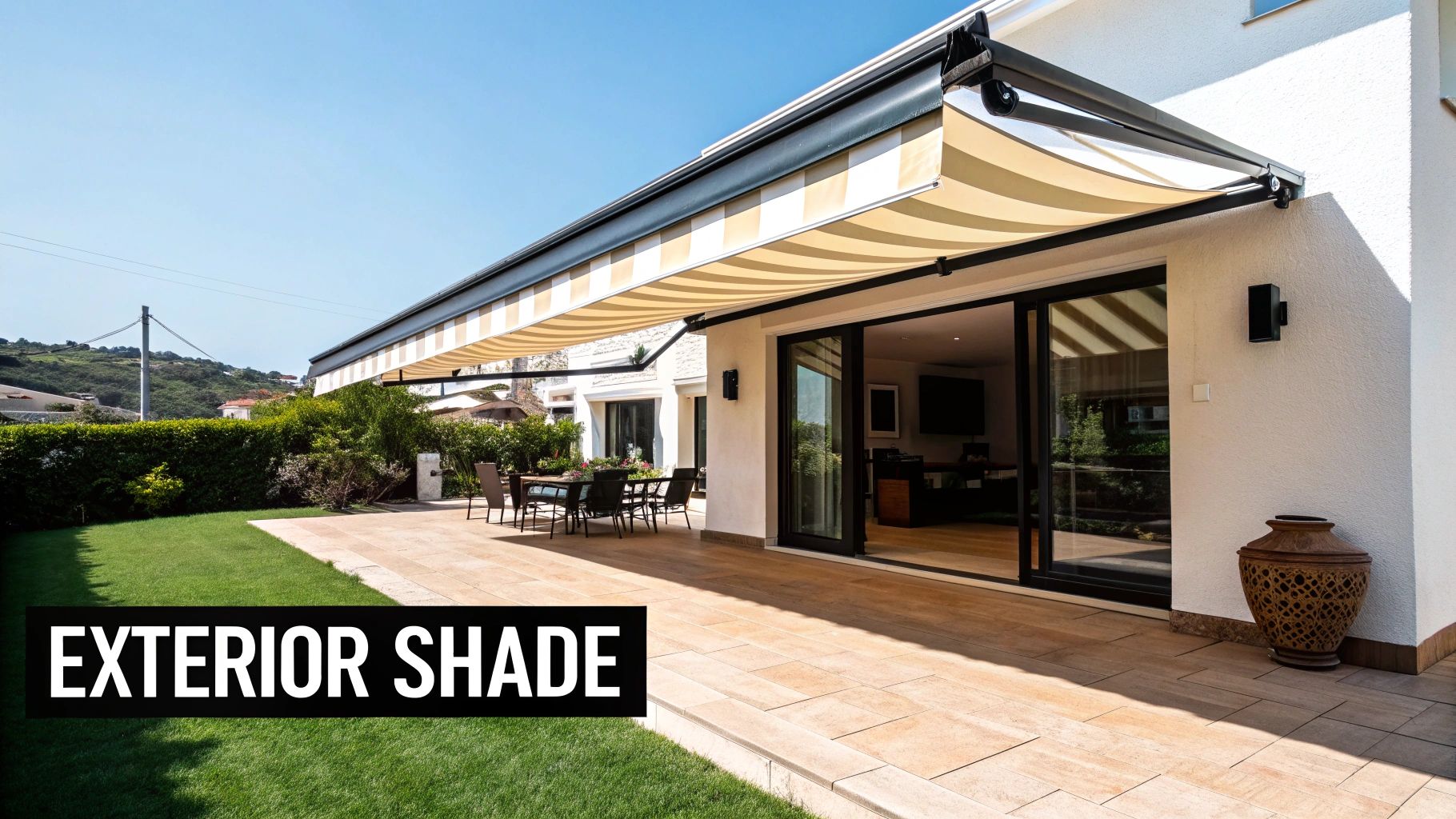 A large striped awning extends over a patio with outdoor dining furniture next to a green lawn, blocking sun.