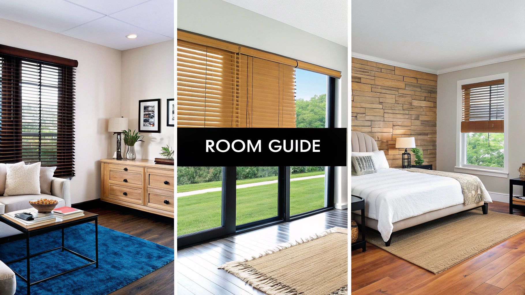 Diverse home interiors showcasing stylish wood and faux wood window blinds in a living room and bedroom.
