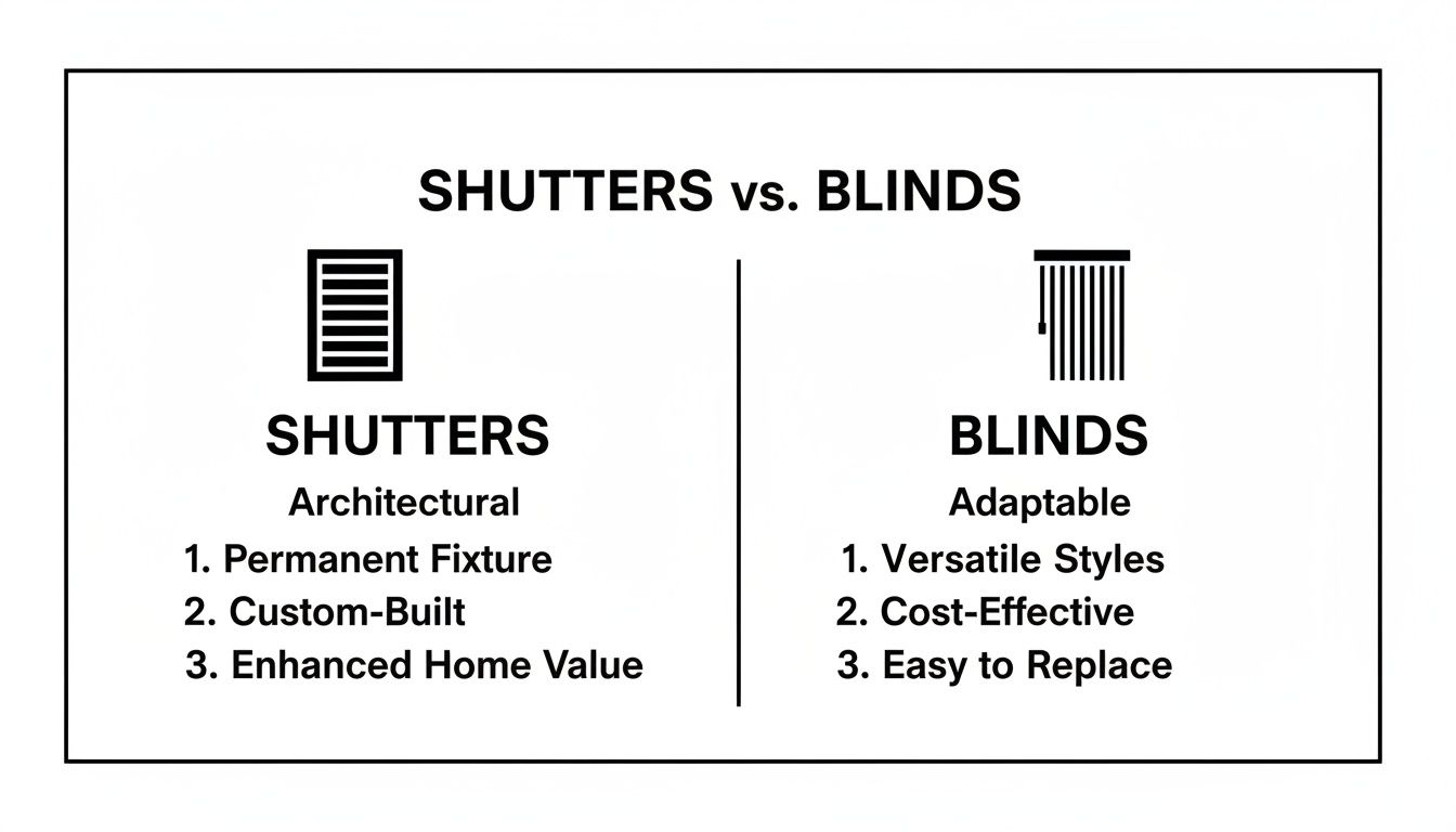 A comparison chart outlining the key differences and benefits of shutters versus blinds.