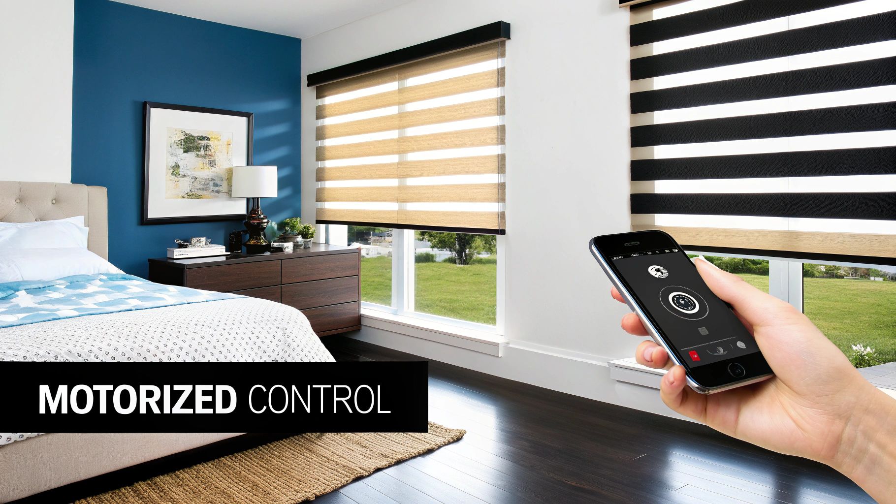 A hand using a smartphone app to control modern motorized zebra shades in a stylish bedroom.