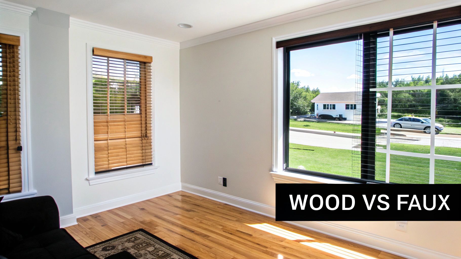 A room interior showing two windows with natural wood blinds and a large window with darker, possibly faux wood blinds.