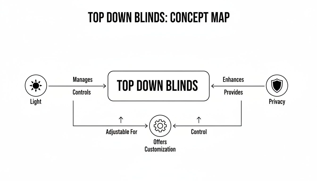 Concept map of top-down blinds illustrating management of light, enhancement of privacy, and customization features.