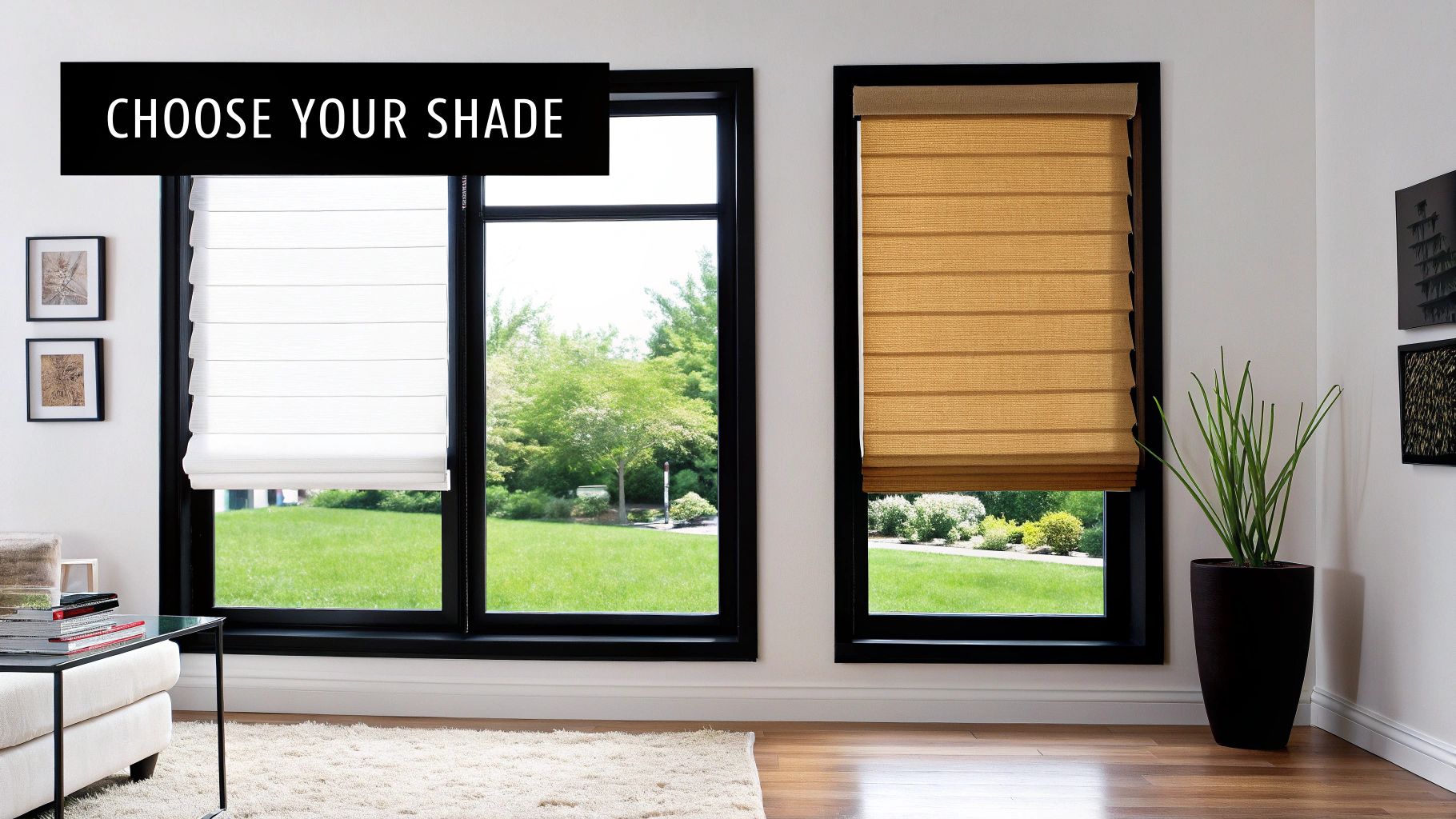 Modern room featuring windows with contrasting white and tan Roman shades, overlooking a green lawn.
