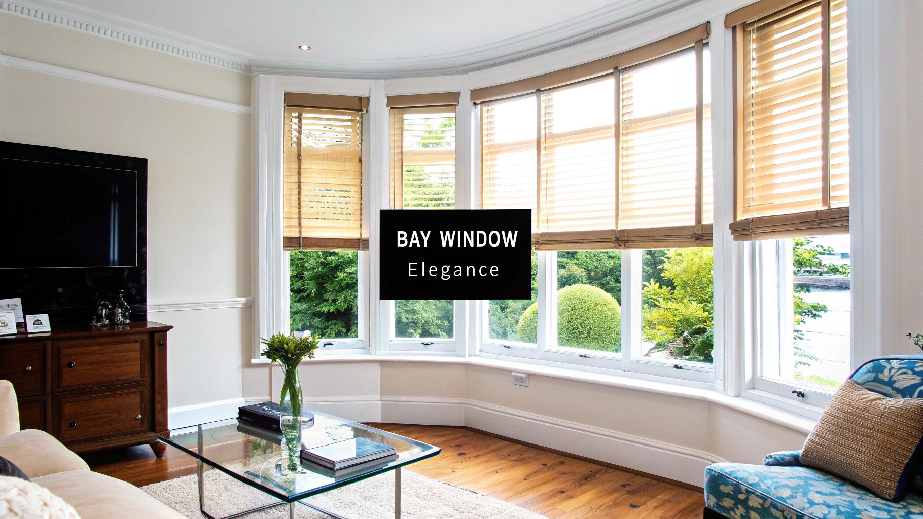 A cozy living room featuring a bay window with stylish wooden blinds, a television, and elegant furniture.